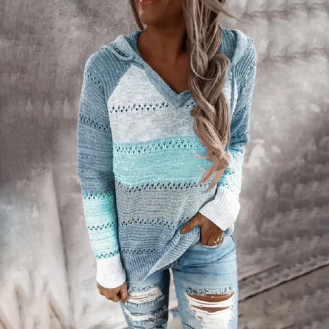 Suéter con Capucha para Mujer con Cuello en V Bloques de Color Bordado Rayado Tejido Poliéster Manga Larga Casual Patchwork Otoño Invierno Top