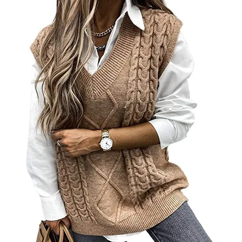 Gilet in Maglia da Donna con Scollo a V Senza Maniche con Trecce Pullover Largo Top in Maglia alla Moda per Autunno Inverno