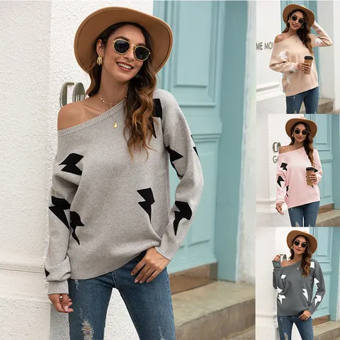 Women Viscose Polyester Nylon Jacquard Knitted Sweater Long Sleeve Star Pattern Off-Shoulder Pullover Casual Top For Autumn