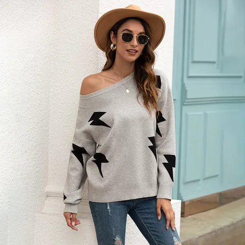 Women Viscose Polyester Nylon Jacquard Knitted Sweater Long Sleeve Star Pattern Off-Shoulder Pullover Casual Top For Autumn