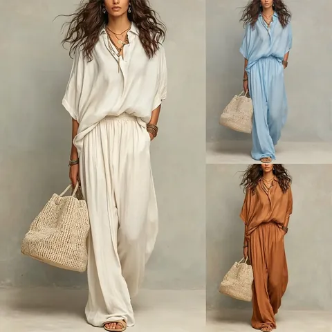 Dames Top And Bottom Casual Zomer Vakantie Strand Outfits Minimalistisch Polyester Linnen Textuur Los Overhemd En Wijde Broek