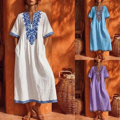 Women's Vintage V-Neck Bohemian Floral Print Midi Dress Loose Casual Cotton Linen Summer Vacation Dress Top And Bottom