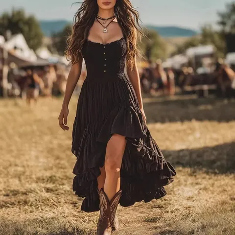 Women Vintage Bohemian Smocked Bust Dress Elegant Off Shoulder High Low Ruffle Hem Irregular Maxi Dress Solid Party Gown