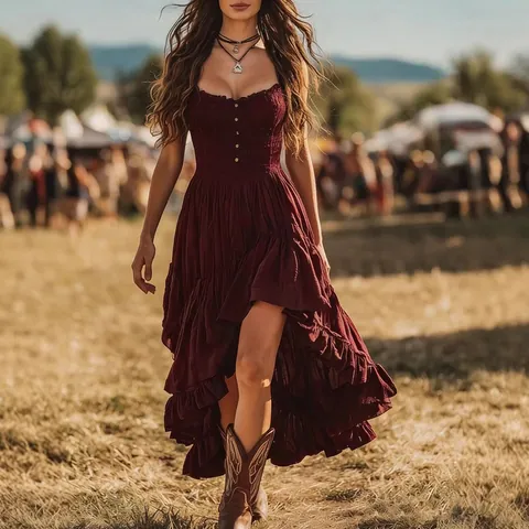 Women Vintage Bohemian Smocked Bust Dress Elegant Off Shoulder High Low Ruffle Hem Irregular Maxi Dress Solid Party Gown