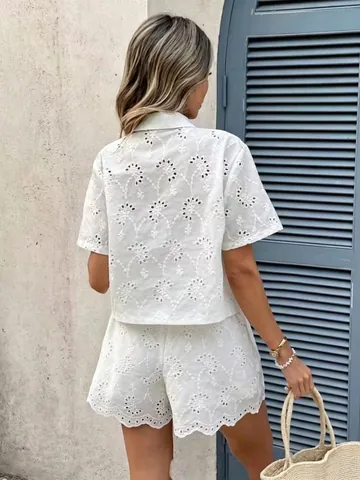 Women Summer Casual Hollow Out Eyelet Embroidery Two Piece Shorts Set Top And Bottom Vacation Beach Outfit Pure Cotton Polyester Spandex