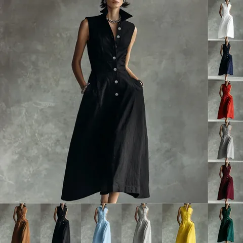 Women Sleeveless Stand Collar Button Down Maxi Dress Elegant Solid Color A-Line Long Dress Polyester Fashion Office Party Gown