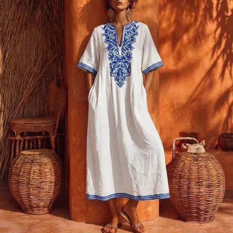 Women's Vintage V-Neck Bohemian Floral Print Midi Dress Loose Casual Cotton Linen Summer Vacation Dress Top And Bottom