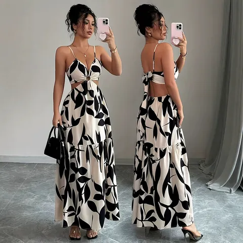 Women Floral Print Cami Maxi Dress V Neck Backless Cut Out Summer Beach Vacation Fashion Elegant Long Dress