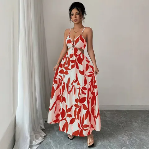 Women Floral Print Cami Maxi Dress V Neck Backless Cut Out Summer Beach Vacation Fashion Elegant Long Dress