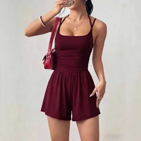 Women's Casual Polyester Spaghetti Strap Halter Romper Ruched Bandeau Wide Leg Jumpsuit Top And Bottom Summer Beach Fashion