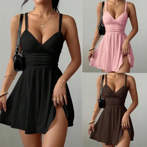 Women's Sexy V-Neck Strap Ruched Slim Fit Mini Dress Summer Elegant A-Line Evening Party Dress Sleeveless Clubwear