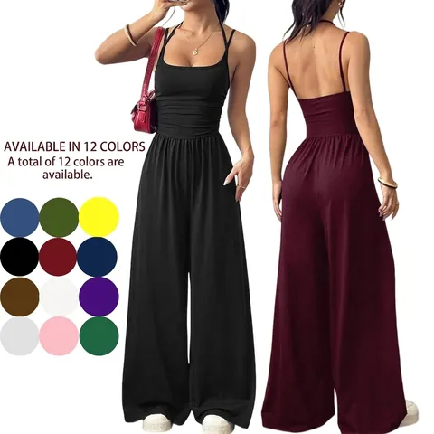 Women Casual Spaghetti Strap Jumpsuit Sleeveless Wide Leg Loose Romper Backless Ruched High Waist Streetwear Jumpsuit