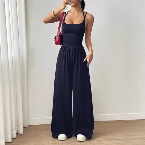 Women Casual Spaghetti Strap Jumpsuit Sleeveless Wide Leg Loose Romper Backless Ruched High Waist Streetwear Jumpsuit