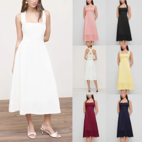 Robe Midi Française Col Carré Sans Manches Élégant Taille Ajustée Ligne A Couleur Unie Polyester Été Banquet Fête Femme