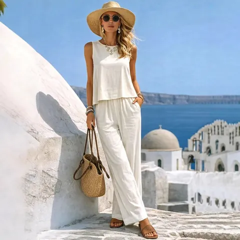 Completo Top And Bottom Casual Minimalista da Donna Gilet Senza Maniche e Pantaloni a Gamba Larga a Vita Alta in Poliestere Spandex per Vacanze