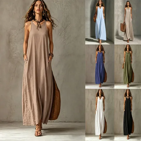 Women's Sexy Solid Color Sleeveless Polyester Maxi Dress Elegant Backless Strappy Long Dress With Pockets Casual Loose Fit Summer Top