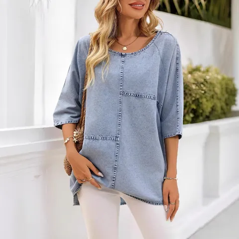 T-Shirt Décontracté Grande Taille pour Femmes Tricot Imprimé Faux Denim Ample Col Rond avec Détails de Surpiqûres