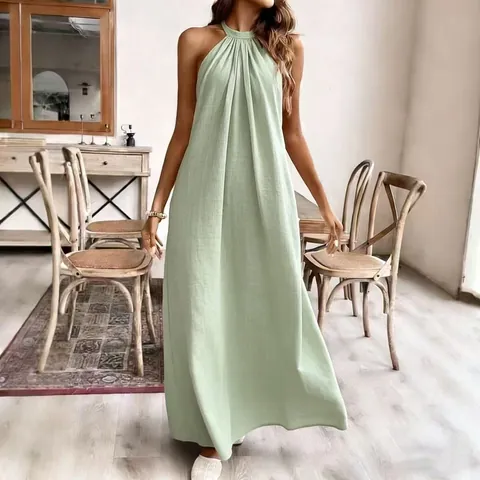 Damen Halter Neck Maxi Kleid Sommer Ärmellos Einfarbig Plissiert Locker Casual Urlaub Strand Langes A-Linie Kleid