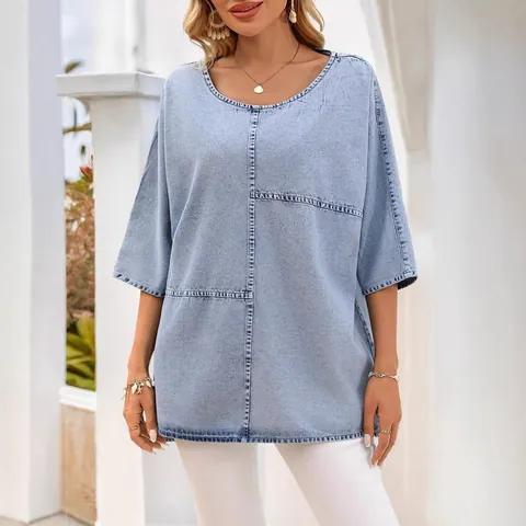 T-Shirt Décontracté Grande Taille pour Femmes Tricot Imprimé Faux Denim Ample Col Rond avec Détails de Surpiqûres