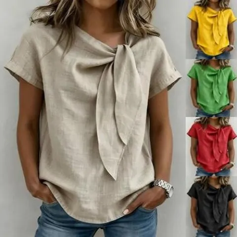Γυναικείο Casual Κοντομάνικο T-Shirt με Φιόγκο Πολυεστέρας Patchwork Καλοκαιρινό Μονόχρωμο Χαλαρή Μπλούζα Καθημερινό