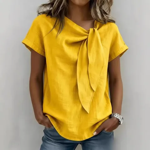 Γυναικείο Casual Κοντομάνικο T-Shirt με Φιόγκο Πολυεστέρας Patchwork Καλοκαιρινό Μονόχρωμο Χαλαρή Μπλούζα Καθημερινό