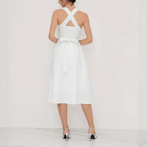 Robe Midi Française Col Carré Sans Manches Élégant Taille Ajustée Ligne A Couleur Unie Polyester Été Banquet Fête Femme