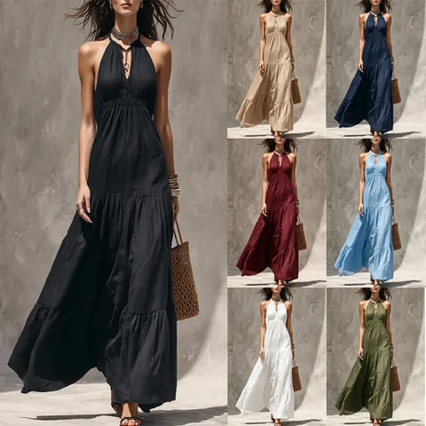 Women Western Halter Neck V-Neck Maxi Dress Summer Sleeveless Tiered Cake Dress Solid Color Waist Cinching Polyester Resort Dress