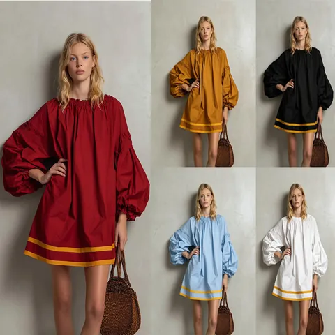 Women Casual Color Block Bubble Sleeve Mini Dress Round Neck Loose Vacation Babydoll Dress Polyester Stitched Clothing