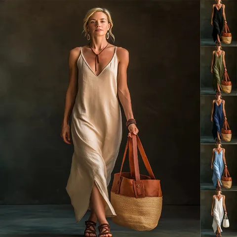 Women V Neck Spaghetti Strap Maxi Dress Sleeveless Side Slit Loose Resort Style Solid Color Polyester Cami Dress
