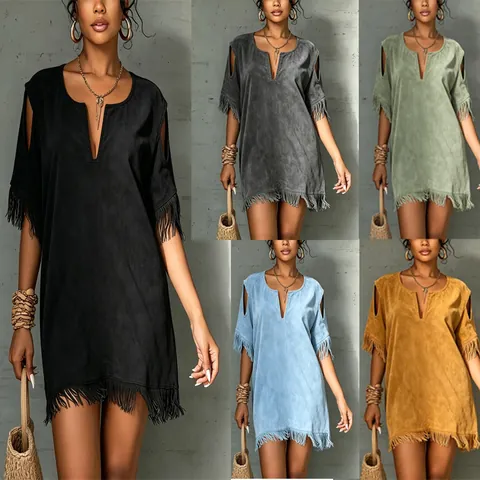 Women Faux Suede Tassel Dress Summer V-Neck Cold Shoulder Short Sleeve Loose Mid-Length Bohemian Vacation Style Polyester Dress