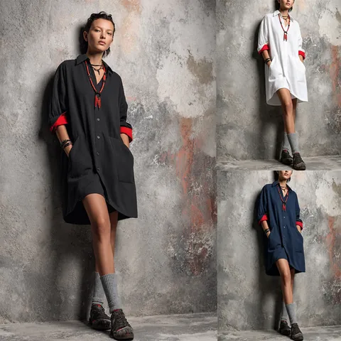 Women Casual Contrast Color Shirt Dress Lapel Long Sleeve Loose Fit Polyester Color Block Midi Dress Top And Bottom Office