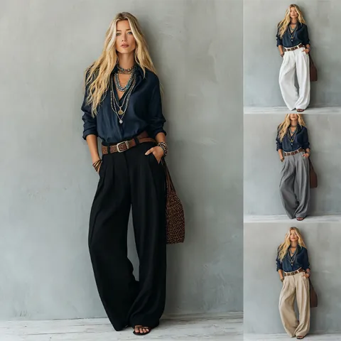 Women High Waist Wide Leg Pants Loose Straight Casual Trousers Polyester Solid Color Bottom Office Lady Style