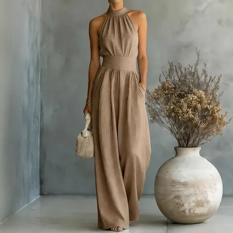 Mono Elegante Sin Mangas con Cuello Halter para Mujer Pata Ancha Corte Holgado Cintura Ajustada con Bolsillos Color Sólido Poliéster