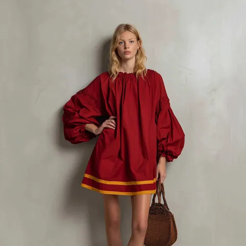 Women Casual Color Block Bubble Sleeve Mini Dress Round Neck Loose Vacation Babydoll Dress Polyester Stitched Clothing