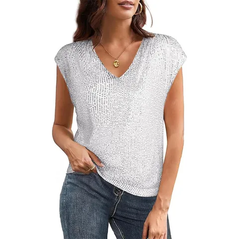 Women Casual Sequin V Neck Short Sleeve Top Relaxed Fit Shiny Summer Blouse Party Night Out Clubwear Streetwear T-Shirt