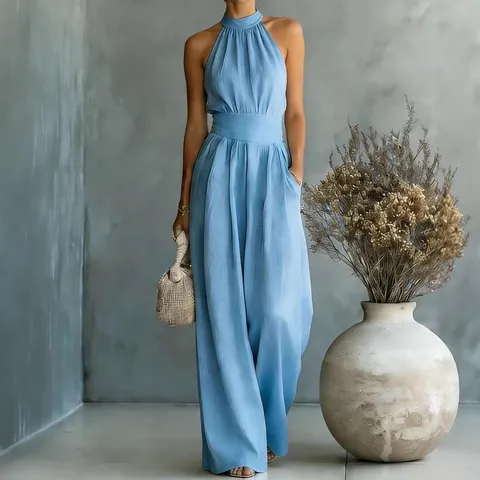 Mono Elegante Sin Mangas con Cuello Halter para Mujer Pata Ancha Corte Holgado Cintura Ajustada con Bolsillos Color Sólido Poliéster