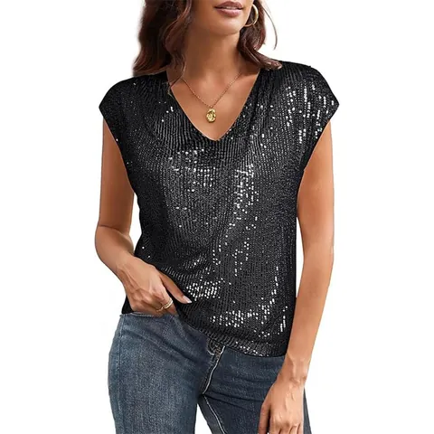 Top de Mujer Sexy con Cuello en V y Lentejuelas Brillantes Ajustado Mangas Raglán Glitter Blusa Camiseta de Fiesta Banquete
