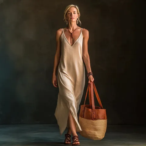 Women V Neck Spaghetti Strap Maxi Dress Sleeveless Side Slit Loose Resort Style Solid Color Polyester Cami Dress