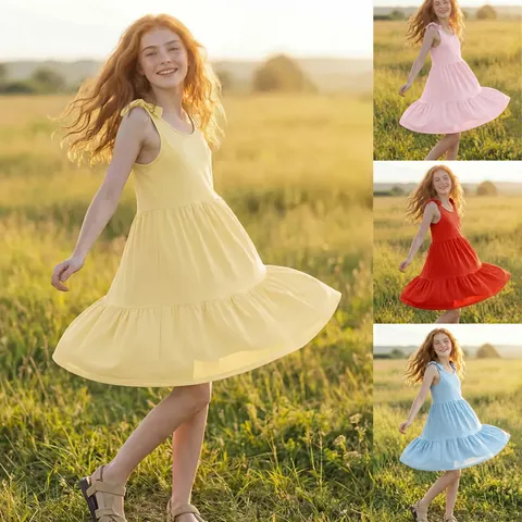 Girls Summer Fashion Simple Solid Color Lace-up Strap Dress Sleeveless Tiered Polyester Sundress For Kids Sweet Princess Style