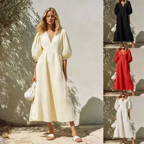 Women Elegant V-Neck Puff Sleeve Midi Dress High Waist A-Line Vacation Style Solid Color Spliced Long Sleeve Dress