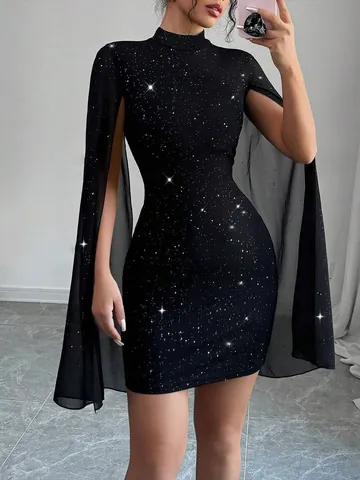 Dames Ronde Hals Ribgebreide Bodycon Jurk Chiffon Cape Mouw Lovertjes Parel Slim Fit Midi Jurk Voor Feest Banket