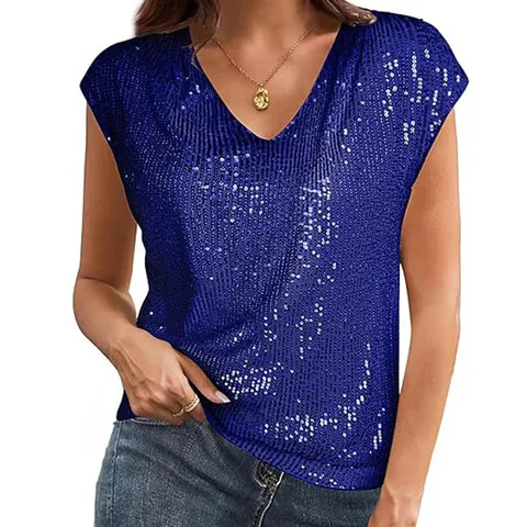 Women Sexy V-Neck Sequin Tank Top Sparkly Sleeveless Party Shirt Fashion Clubwear Summer Shiny Polyester Spandex Top