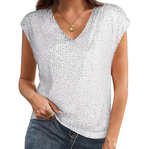 Women Sexy V-Neck Sequin Tank Top Sparkly Sleeveless Party Shirt Fashion Clubwear Summer Shiny Polyester Spandex Top