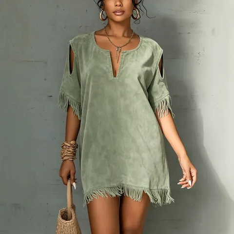 Women Faux Suede Tassel Dress Summer V-Neck Cold Shoulder Short Sleeve Loose Mid-Length Bohemian Vacation Style Polyester Dress