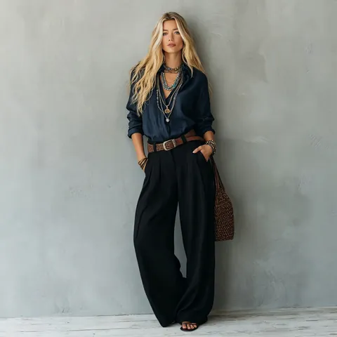 Women High Waist Wide Leg Pants Loose Straight Casual Trousers Polyester Solid Color Bottom Office Lady Style