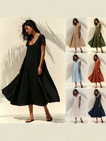 Women Summer Casual Polyester U-Neck Short Sleeve Loose A-Line Maxi Dress Top And Bottom Vacation Lazy Style Long Skirt