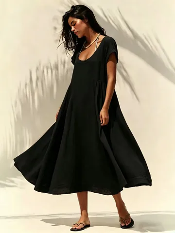Women Summer Casual Polyester U-Neck Short Sleeve Loose A-Line Maxi Dress Top And Bottom Vacation Lazy Style Long Skirt