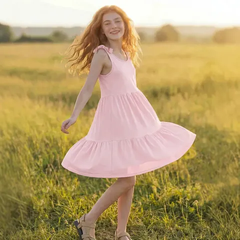 Girls Summer Fashion Simple Solid Color Lace-up Strap Dress Sleeveless Tiered Polyester Sundress For Kids Sweet Princess Style