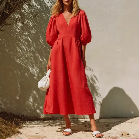 Women Elegant V-Neck Puff Sleeve Midi Dress High Waist A-Line Vacation Style Solid Color Spliced Long Sleeve Dress