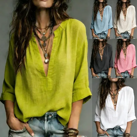 Women Casual V Neck Polyester Spandex Blouse Solid Color Woven Long Sleeve Loose Shirt For Comfortable Commuter Top